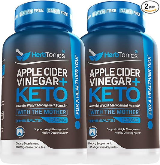 Herbtonics Apple Cider Vinegar Capsules with The Mother Plus Keto BHB - for Women & Men - Energy & Focus - 240 Vegan Pills