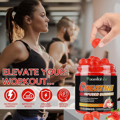 Creatine Monohydrate Gummies for Men & Women - 5g per Serving, Low Sugar Creatine Monohydrate Gummies - Increase Strength, Muscle Gain, Recovery, Endurance - Vegan, Gluten-Free,Strawberry (120 Count)