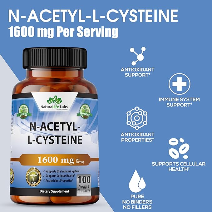 NaturaLife Labs A Higher Standard N-Acetyl-L-Cysteine (NAC) 1600 mg Immune Support & Antioxidants*, Free-Radicals, Free Form - 100 Veggie Capsules