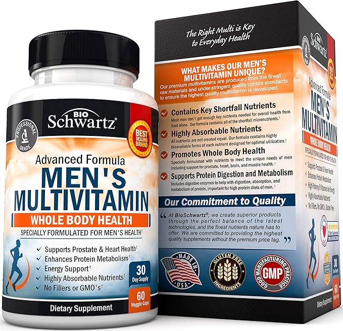 Men's Multivitamin with Vitamin C A B D3 E Zinc for Immune Support - Once Daily Supplement for Energy & Heart - Antioxidants & Digestive Enzymes for Absorption - Mental Clarity & Focus Support -60 Ct