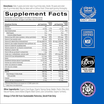 SmartyPants Multivitamin for Men, Women & Children: Vitamin Gummies with Omega 3 Fish Oil (EPA/DHA), Methylfolate, Vitamin D3, C, Vitamin B12, B6, Vitamin A, K & Zinc, 200 Count (30 Day Supply)