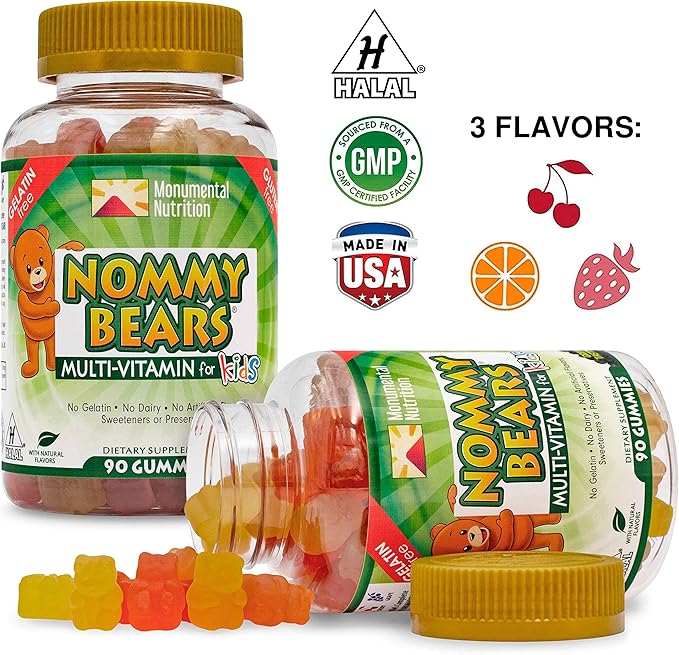 MULTIVITAMIN Gelatin-Free Gummies: for Kids, Children, Teens, Nom Nom Yummy, 3 Delicious Flavors, 11 Essentials, Gluten-Free, Halal Certified, Mommy Approved, Bear Shapes, Vegetarian