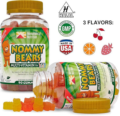 MULTIVITAMIN Gelatin-Free Gummies: for Kids, Children, Teens, Nom Nom Yummy, 3 Delicious Flavors, 11 Essentials, Gluten-Free, Halal Certified, Mommy Approved, Bear Shapes, Vegetarian