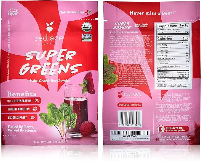 Red Ace Swiss Chard & Beet Powder, Gluten Free, Vegan, Organic Pre Workout, Supplement for Men & Women, Energy Boost Supplements, Nitric Oxide Booster, Superfood Greens, Health & Wellness, 5.3oz