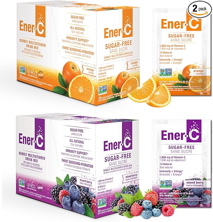 Ener-C Sugar Free Energy Mixed Berry & Orange Multivitamin Drink Mix Vitamin C 1000mg & Electrolytes - Natural Immunity Support with Real Fruit Juice Powders Non-GMO Vegan & Gluten Free - 60 Count