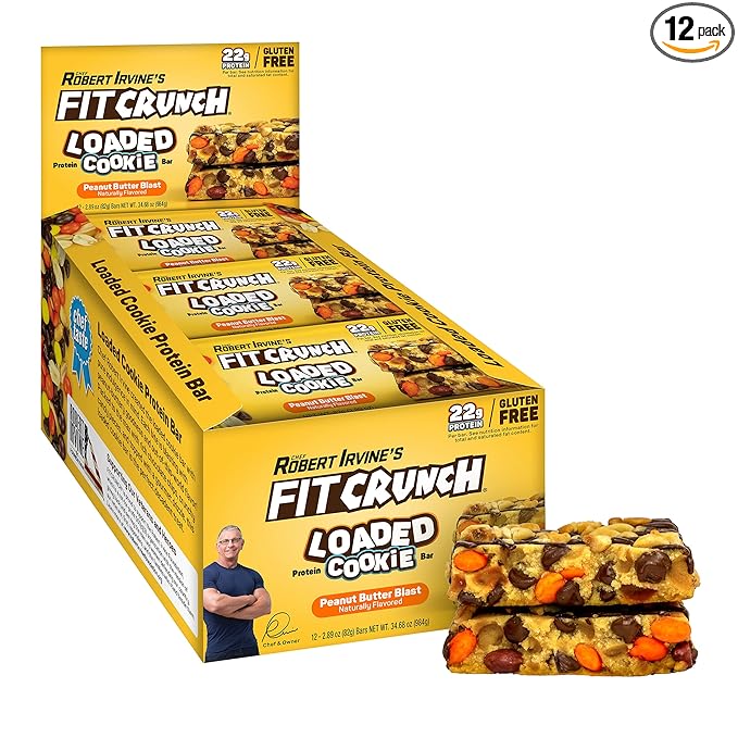 FITCRUNCH Loaded Cookie Protein Bar, High Protein, Gluten Free, Protein Snack (12 Count, Peanut Butter)