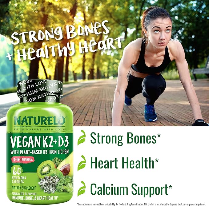NATURELO Vitamin D3 K2 - Vegan K2+D3 with Plant Based D3 from Lichen - Natural D3 Supplement for Immune System, Bone Support, Heart Health - Whole Food - Non-GMO - Gluten Free, 60 Capsules
