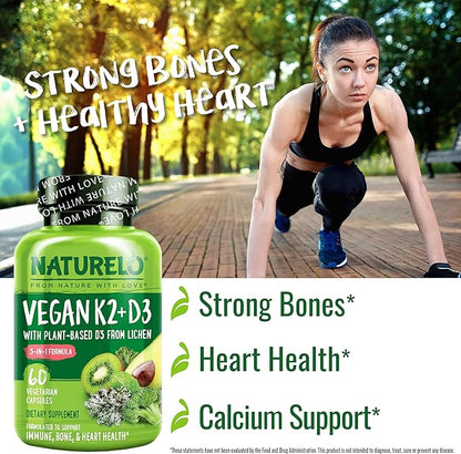 NATURELO Vitamin D3 K2 - Vegan K2+D3 with Plant Based D3 from Lichen - Natural D3 Supplement for Immune System, Bone Support, Heart Health - Whole Food - Non-GMO - Gluten Free, 60 Capsules