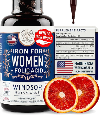 WINDSOR BOTANICALS Liquid Iron Supplements for Anemia - Folic Acid, Vitamin C, Vegan Iron Blood Builder and Anemia Supplement - 2 oz Orange Flavor Gentle Iron Drops for Women