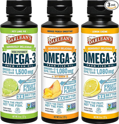 Barlean's Omega 3 Fish Oil Liquid Supplement Pack of 3, EPA and DHA Fatty Acid, Smoothie Flavored for Brain, Joint, and Heart Health, Includes Key Lime Pie, Lemon Crème and Mango Peach Flavors, 8 oz