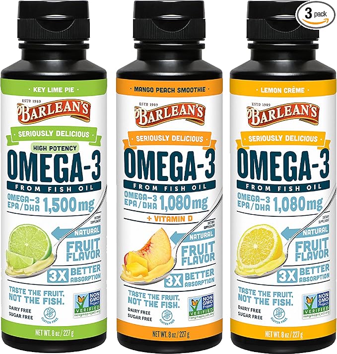 Barlean's Omega 3 Fish Oil Liquid Supplement Pack of 3, EPA and DHA Fatty Acid, Smoothie Flavored for Brain, Joint, and Heart Health, Includes Key Lime Pie, Lemon Crème and Mango Peach Flavors, 8 oz