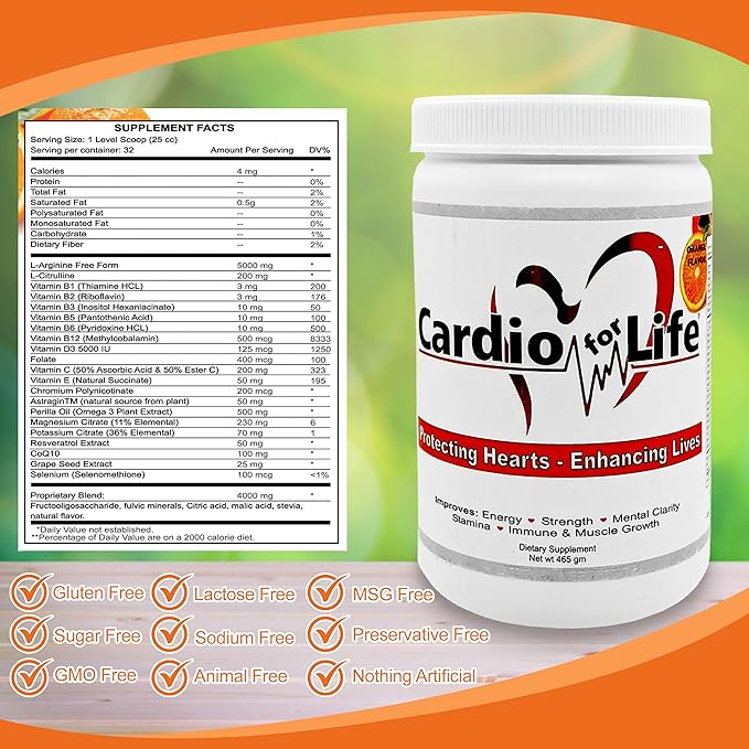 Cardio for Life L-Arginine Powder 16oz - Orange Natural Nitric Oxide Supplement Cardiovascular Increase Energy