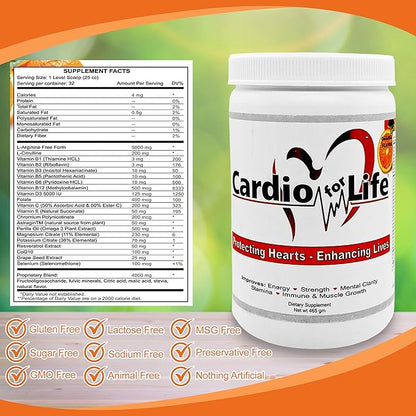 Cardio for Life L-Arginine Powder 16oz - Orange Natural Nitric Oxide Supplement Cardiovascular Increase Energy