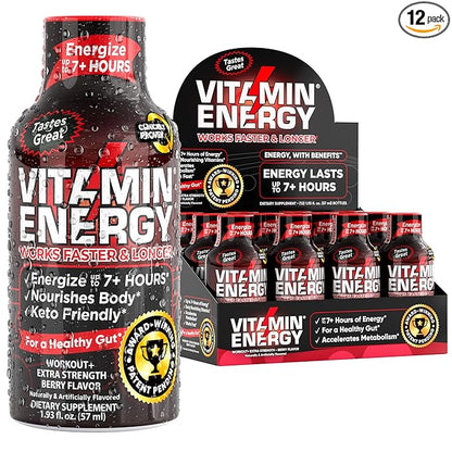 Pre Workout Vitamin Energy Drink - Keto Friendly Sugar Free Shots | Natural Clean Green Tea Caffeine with Proprietary Endurance Blend | Energize up to 7+ Hours - Berry - 1.93 Fl Oz (Pack of 12)