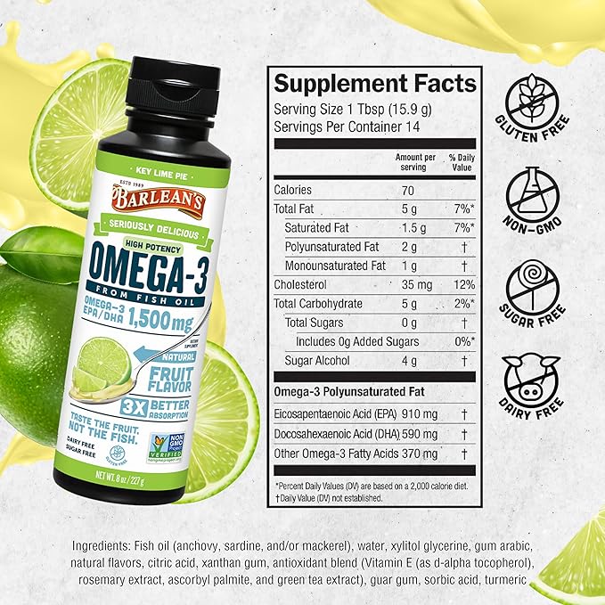 Barlean's Key Lime Pie High Potency Omega 3 Fish Oil Liquid Supplement, 1500mg of EPA& DHA Fatty Acid, Smoothie Flavored & Burpless for Brain, Joint, & Heart Health, 8 oz