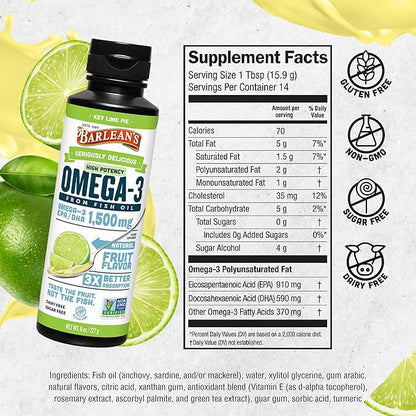 Barlean's Key Lime Pie High Potency Omega 3 Fish Oil Liquid Supplement, 1500mg of EPA& DHA Fatty Acid, Smoothie Flavored & Burpless for Brain, Joint, & Heart Health, 8 oz