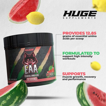 Huge EAA Supplement, Highest Dosed Essential Amino Acids Powder, 12.85g EAAs & 8g BCAAs Per Serving, Maximize Muscle Growth, Recovery & Performance (Watermelon Lemonade, 17.73 Oz.)