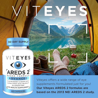 Viteyes AREDS 2 Advanced Macular Support with Bilberry, grapeseed, FLORAGLO Lutein, Selenium, Natural Vitamin E, Allergen Free, Eye Vitamins for Vision Protection, 60 Count