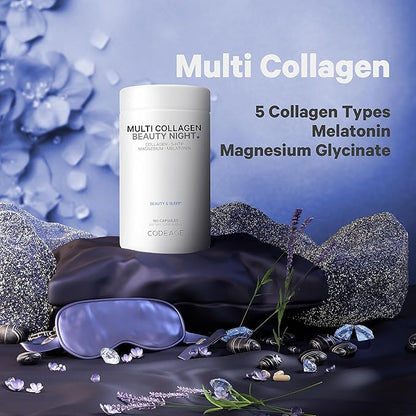 Codeage Multi Collagen Protein Beauty Night - Melatonin, Magnesium Bisglycinate, 5-HTP, L-Theanine, English Lavender Flower, Bone Broth - Vitamins - Supplement - Sleep Pills - Non-GMO - 150 Capsules