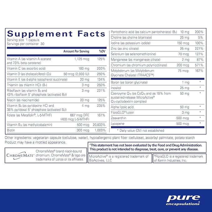 Pure Encapsulations O.N.E. Multivitamin - Once Daily Multivitamin with Antioxidant Complex Metafolin, CoQ10, and Lutein to Support Vision, Cognitive Function, and Cellular Health* - 30 Capsules