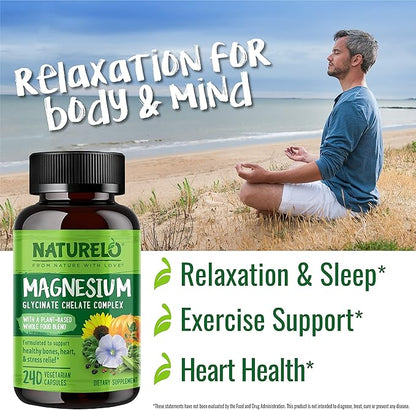 NATURELO Magnesium Glycinate Supplement - 200 mg Glycinate Chelate with Organic Vegetables to Support Sleep, Calm, Muscle Cramp & Stress Relief – Gluten Free, Non GMO - 240 Capsules