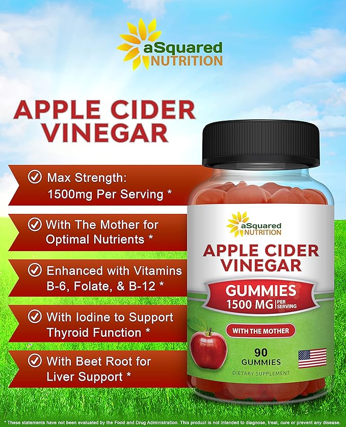 aSquared Nutrition Apple Cider Vinegar Gummies - 1500mg with The Mother - 90 ACV Gummies w/Vitamin B6 & B12, Folic Acid - Vegan Gummy Supplement Alternative to Capsules Pills & Drink