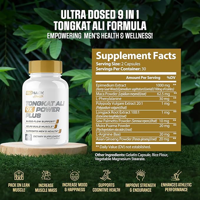 BioHack Health | #1 New 9 in 1 Tongkat Ali Max | Fast Acting Blood Flow, Increase Mood & Stamina | Ultra Dosed Formula w/ 9 Powerful Ingredients | Lonjack, L-Arginine | USA Made - 60 Capsules