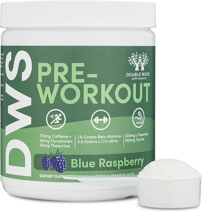 Pre Workout Powder for Men & Women (30 Servings of Caffeine, Beta Alanine, L-Citrulline, Dynamine, L-Theanine, Taurine, Theacrine, & More) Preworkout Powder with Scoop by Double Wood (Blue Raspberry)