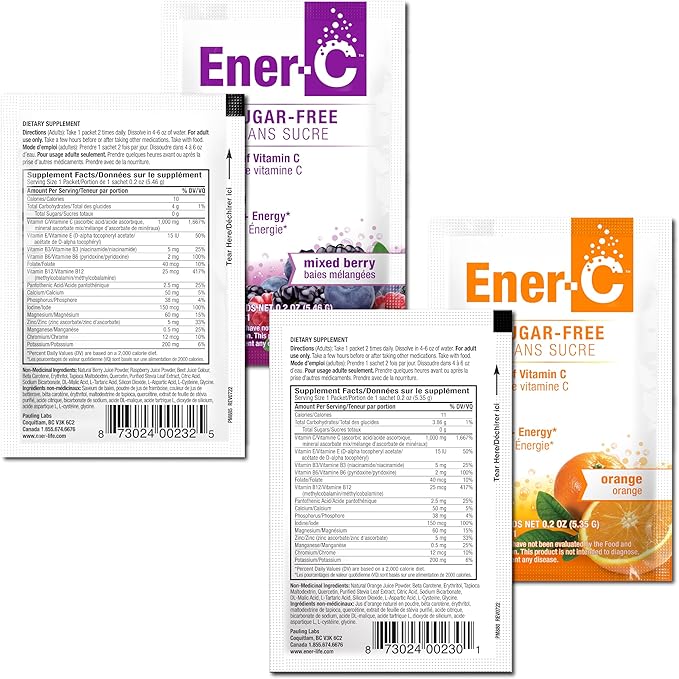 Ener-C Sugar Free Energy Mixed Berry & Orange Multivitamin Drink Mix Vitamin C 1000mg & Electrolytes - Natural Immunity Support with Real Fruit Juice Powders Non-GMO Vegan & Gluten Free - 60 Count