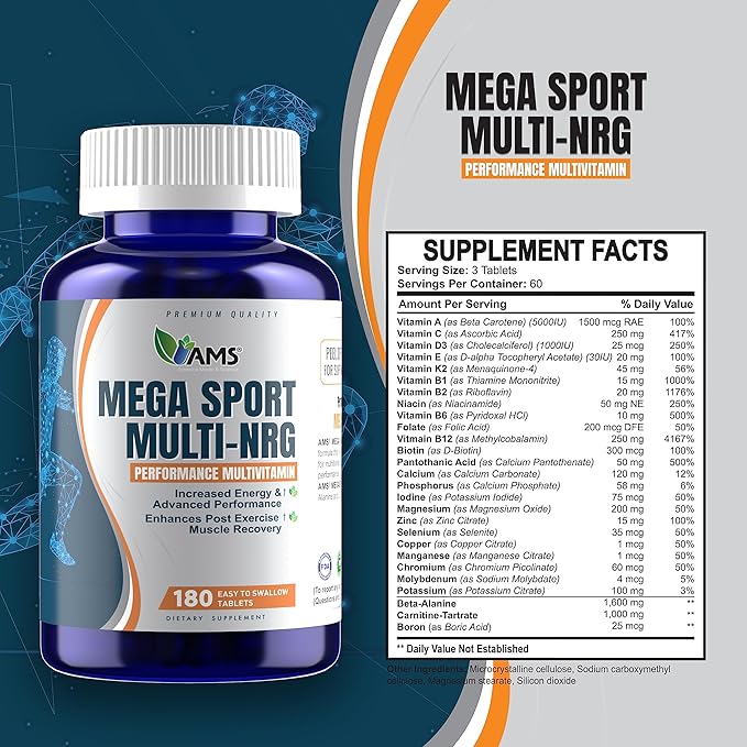 America Medic and Science Mega-Sport - Performance Multivitamin - Complete Wellness Support with Amino Acids, Vitamins, Minerals, Beta Alanine, & L-Carnitine L-Tartrate - Energy and Muscle Recovery
