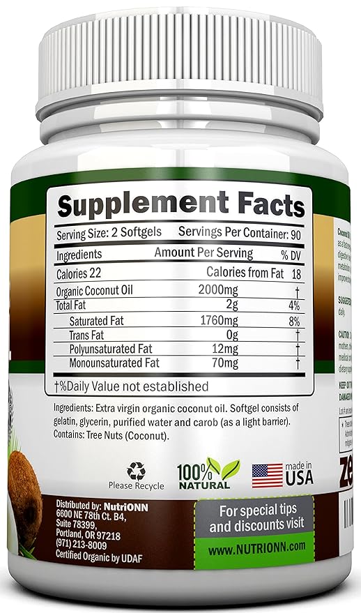 ORGANIC COCONUT OIL Capsules - 180 Softgels - 4000 MG Daily - Cold-Pressed Extra Virgin Coconut Oil - Certified USDA Organic - Great For Hair, Skin And Acne