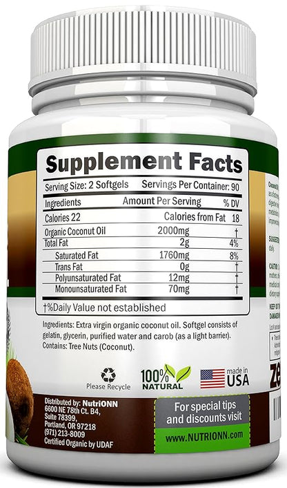 ORGANIC COCONUT OIL Capsules - 180 Softgels - 4000 MG Daily - Cold-Pressed Extra Virgin Coconut Oil - Certified USDA Organic - Great For Hair, Skin And Acne