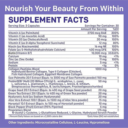 27-in-1 Hair Skin and Nails Vitamins (6810mg) w/Biotin 10000mcg - Collagen Supplements for Men and Women Hair Growth Vitamins, Keratin Supplements with Probiotics, Saw Palmetto (90 ct, Pack of 2)