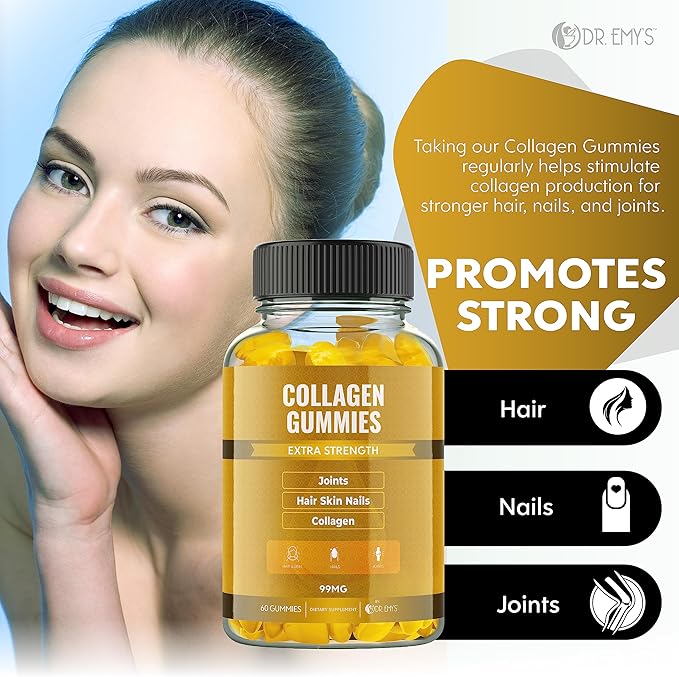 Dr. Emy's Collagen Gummies Gummy Vitamin for Women & Men, Hair, Skin, Nails, Joint Supplement. Anti-Aging Collagen Gummy Supplements. Strengthen Hair, Skin and Nails. Gelatin-Free. 60 ct Each. (3)