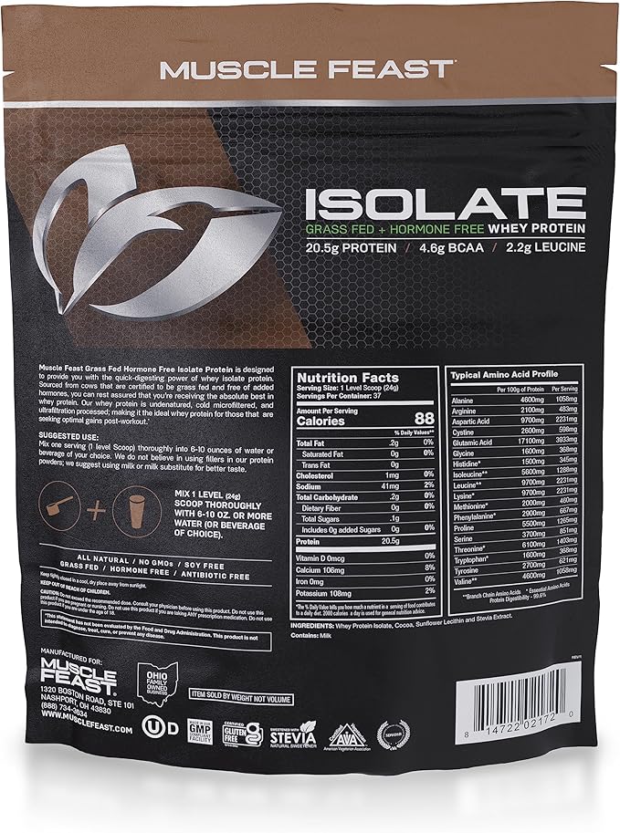 Muscle Feast Grass-Fed Whey Protein Isolate, All Natural Hormone Free Pasture Raised, Chocolate, 2lb