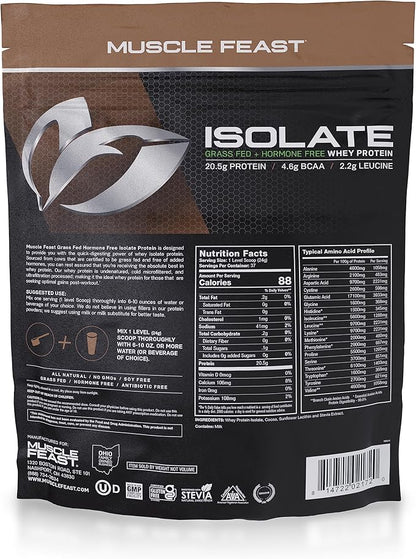 Muscle Feast Grass-Fed Whey Protein Isolate, All Natural Hormone Free Pasture Raised, Chocolate, 2lb