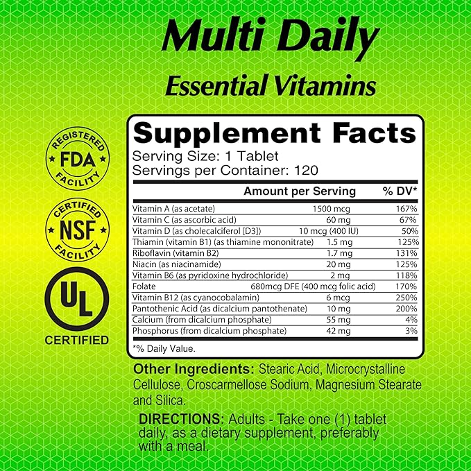ALFA VITAMINS Multi Daily Vitamins Essential Vitamins to Support The Immune System and Promote a Healthy Lifestyle - 120 Tablets