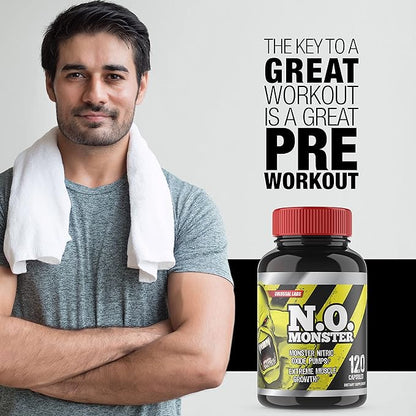 N.O. Monster Nitric Oxide Booster with L-Arginine – Extreme Pumps for Strength, Muscle Growth, Pre-Workout Support – Boost Energy, Stamina & Endurance – 120 Capsules, Made in The USA