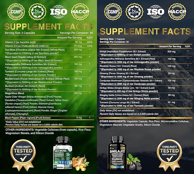 Shilajit 9000mg, Sea Moss 17500mg, Ginger & Black Seed Oil 4000mg, Ashwagandha 5000mg, Rhodiola Rosea, 1000mg Panax Ginseng 1500mg, All in 1 Supplement - Sea Moss & Shilajit Vitality Bundle