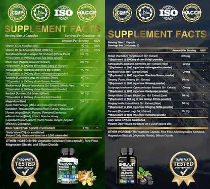 Shilajit 9000mg, Sea Moss 17500mg, Ginger & Black Seed Oil 4000mg, Ashwagandha 5000mg, Rhodiola Rosea, 1000mg Panax Ginseng 1500mg, All in 1 Supplement - Sea Moss & Shilajit Vitality Bundle