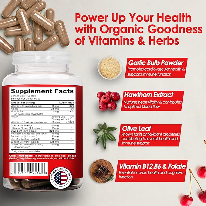 Blood Pressure Support Supplement with Hawthorn, Hibiscus & Garlic Extract – High & Lower Blood Pressure Supplements for Cardiovascular & Circulatory Health, Supports Normal Heart Health