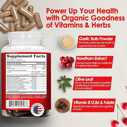 Blood Pressure Support Supplement with Hawthorn, Hibiscus & Garlic Extract – High & Lower Blood Pressure Supplements for Cardiovascular & Circulatory Health, Supports Normal Heart Health