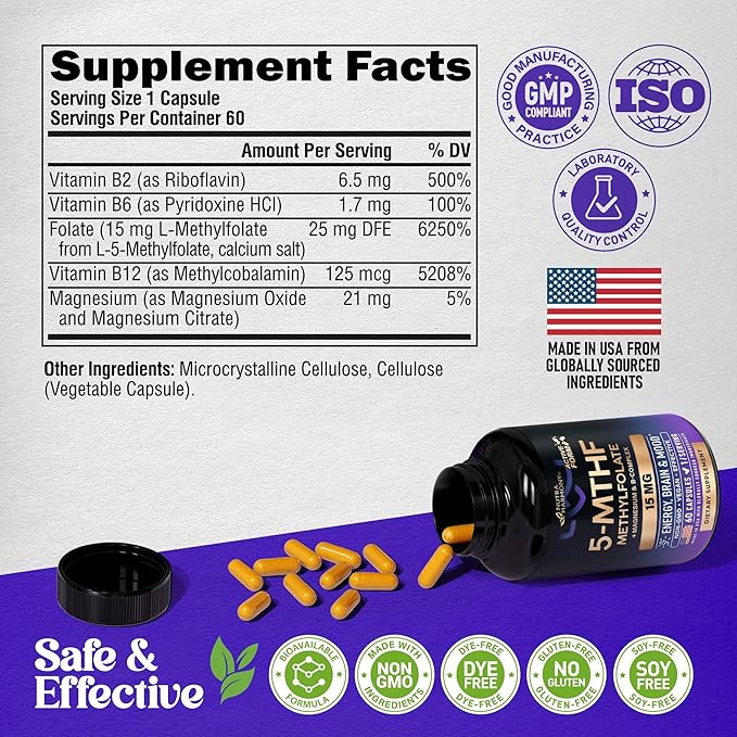 L Methylfolate 15 mg - 5-MTHF Methylfolate Supplement - plus Methyl B12, Vitamins B2 & B6, Magnesium - BioActive Vitamin B9 - Methylation Support, Energy & Brain - Made in USA, 60 Capsules for 2 Month