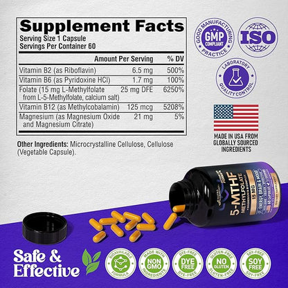 L Methylfolate 15 mg - 5-MTHF Methylfolate Supplement - plus Methyl B12, Vitamins B2 & B6, Magnesium - BioActive Vitamin B9 - Methylation Support, Energy & Brain - Made in USA, 60 Capsules for 2 Month