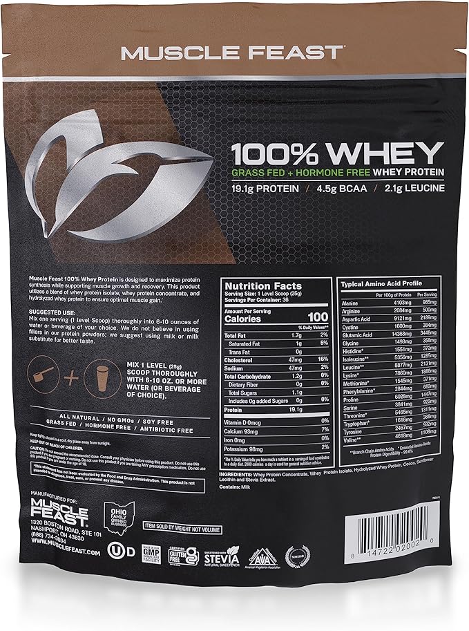 Muscle Feast 100% Grass-Fed Whey Protein, Pastured Raised Hormone Free All Natural, Chocolate, 2lb