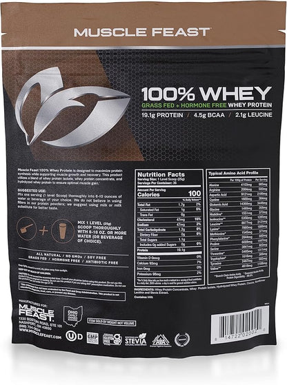 Muscle Feast 100% Grass-Fed Whey Protein, Pastured Raised Hormone Free All Natural, Chocolate, 2lb