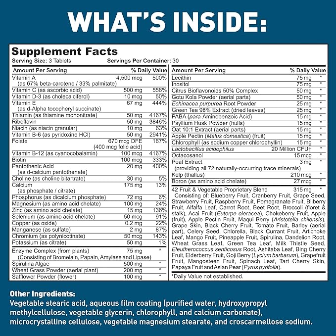 Dr. Tobias Adult Multivitamin for Women & Men, Energy & Immune Support from 42 Fruits & Vegetables Plus Probiotics, Comprehensive Daily Multivitamins for Men & Women, Non-GMO, 90 Tablets, 30 Servings