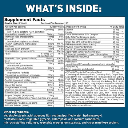 Dr. Tobias Adult Multivitamin for Women & Men, Energy & Immune Support from 42 Fruits & Vegetables Plus Probiotics, Comprehensive Daily Multivitamins for Men & Women, Non-GMO, 90 Tablets, 30 Servings