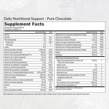 Equilife - Daily Nutritional Support, Organic and Plant Based Protein Powder, All-in-one Multivitamin, Boost Energy and Mood, Gut-Cleansing Aid and Skin Health (Pure Chocolate,14 Servings Bag)