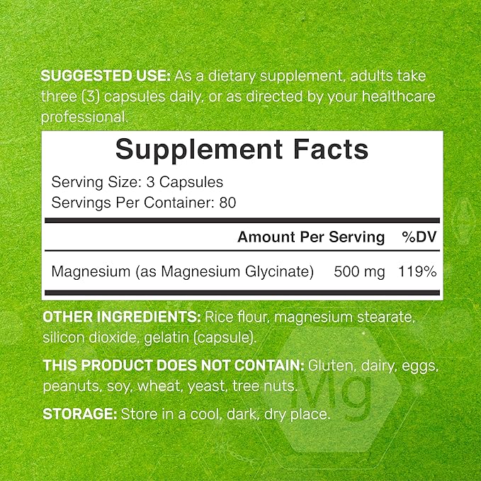 Max Strength Magnesium Glycinate 500mg Per Serving, 240 Capsules | Chelated, Highly Purified, Essential Mineral | Magnesium Supplement for Muscle, Joint, & Heart Health